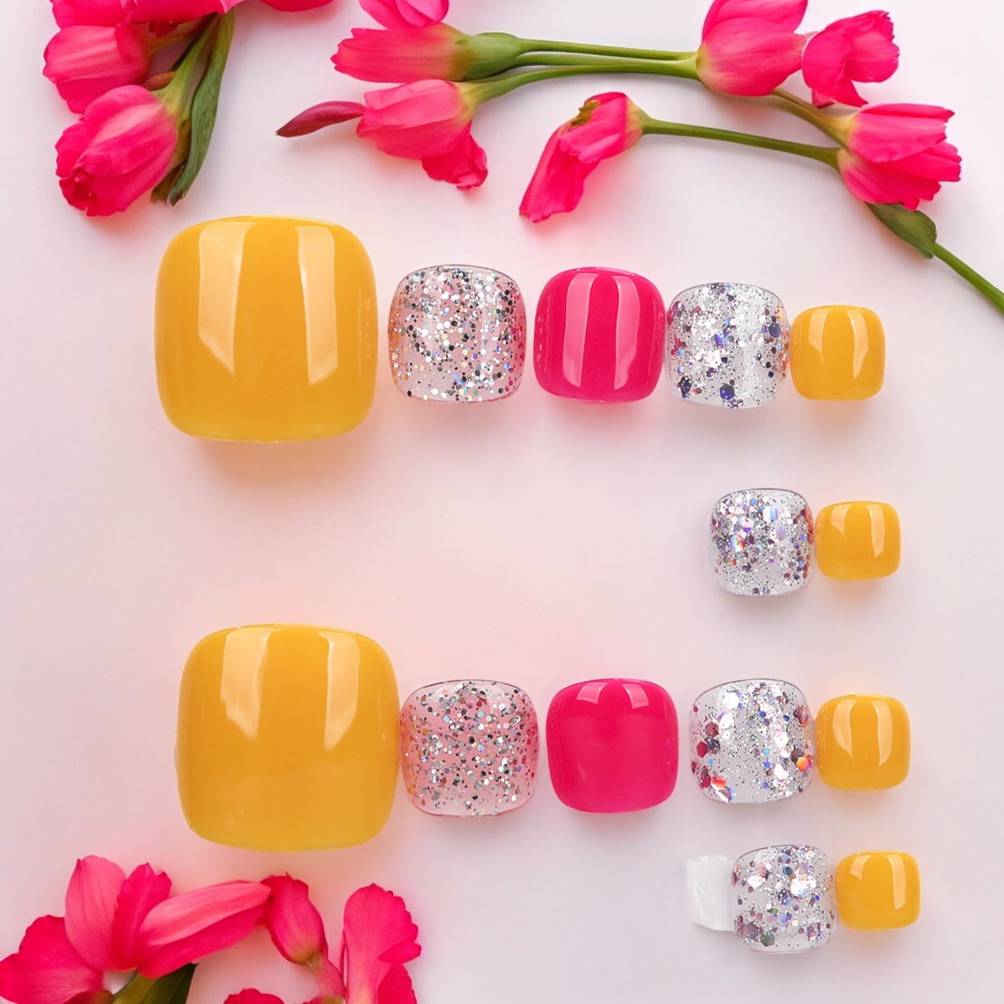 Yellow & Pink Silver Toe Nails