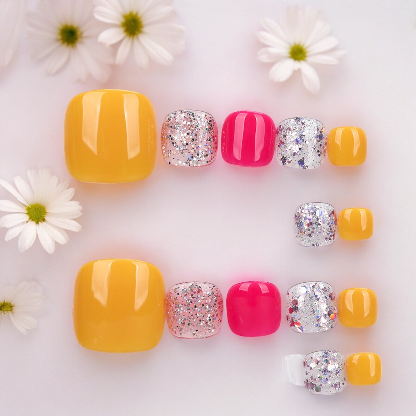 Yellow & Pink Silver Toe Nails