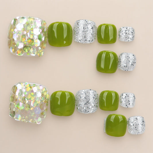 Green & Silver Toe Nails